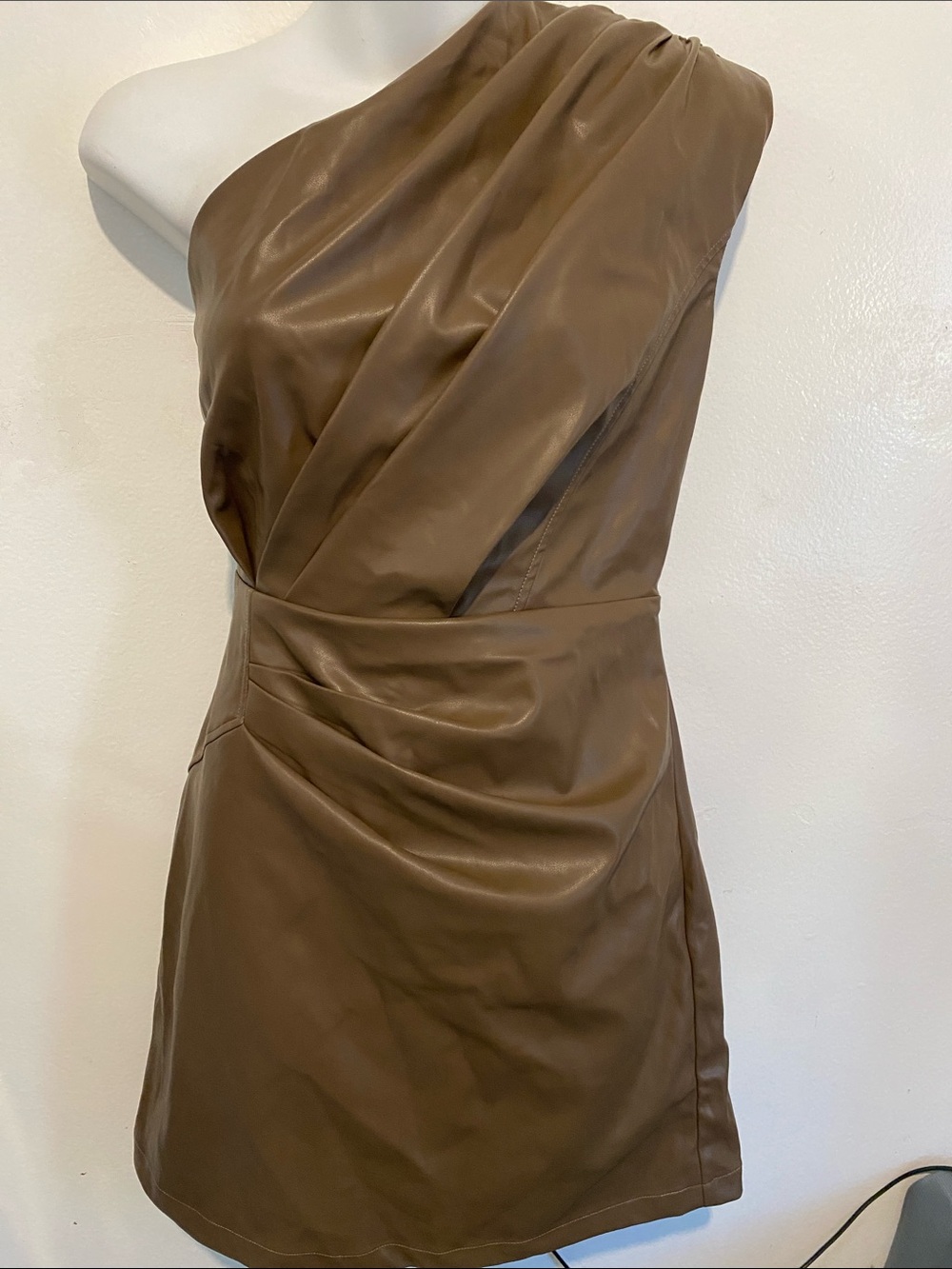 One-Shoulder Brown Faux Leather Dress